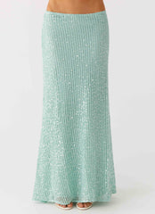 Amoura Sequin Low Rise Maxi Skirt - Mint Sage