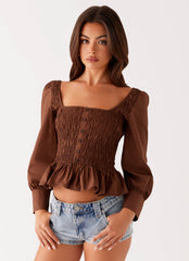 Joyce Long Sleeve Cotton Shirred Top - Chocolate