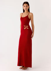 Palm Breeze Flower Crochet Maxi Dress - Burnt Red