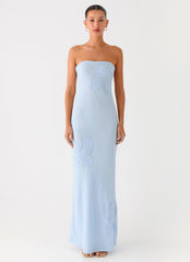 Sassafras Beaded Flower Strapless Maxi Dress - Blue