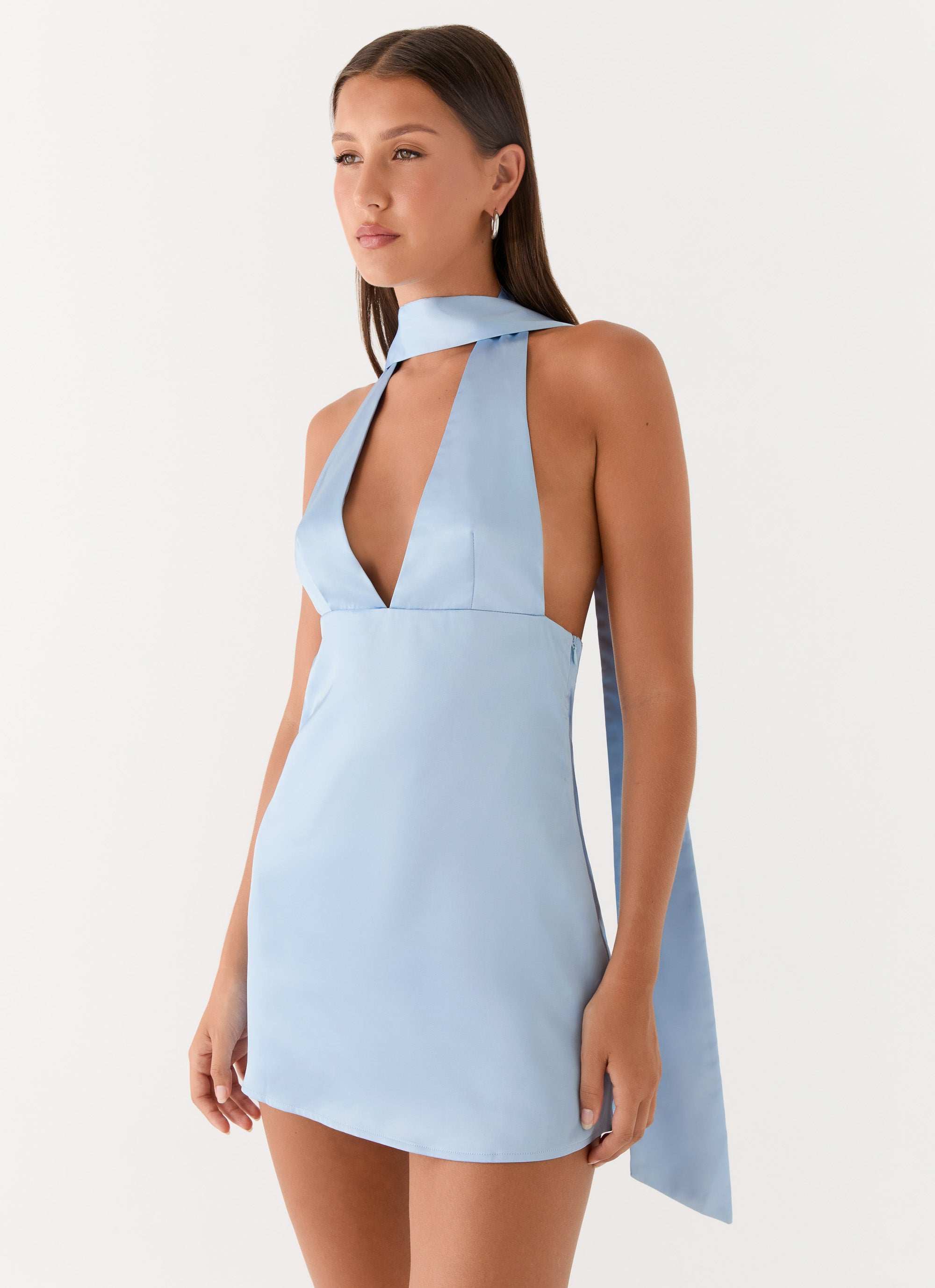 Alicia Satin Halter Mini Dress - Pale Blue