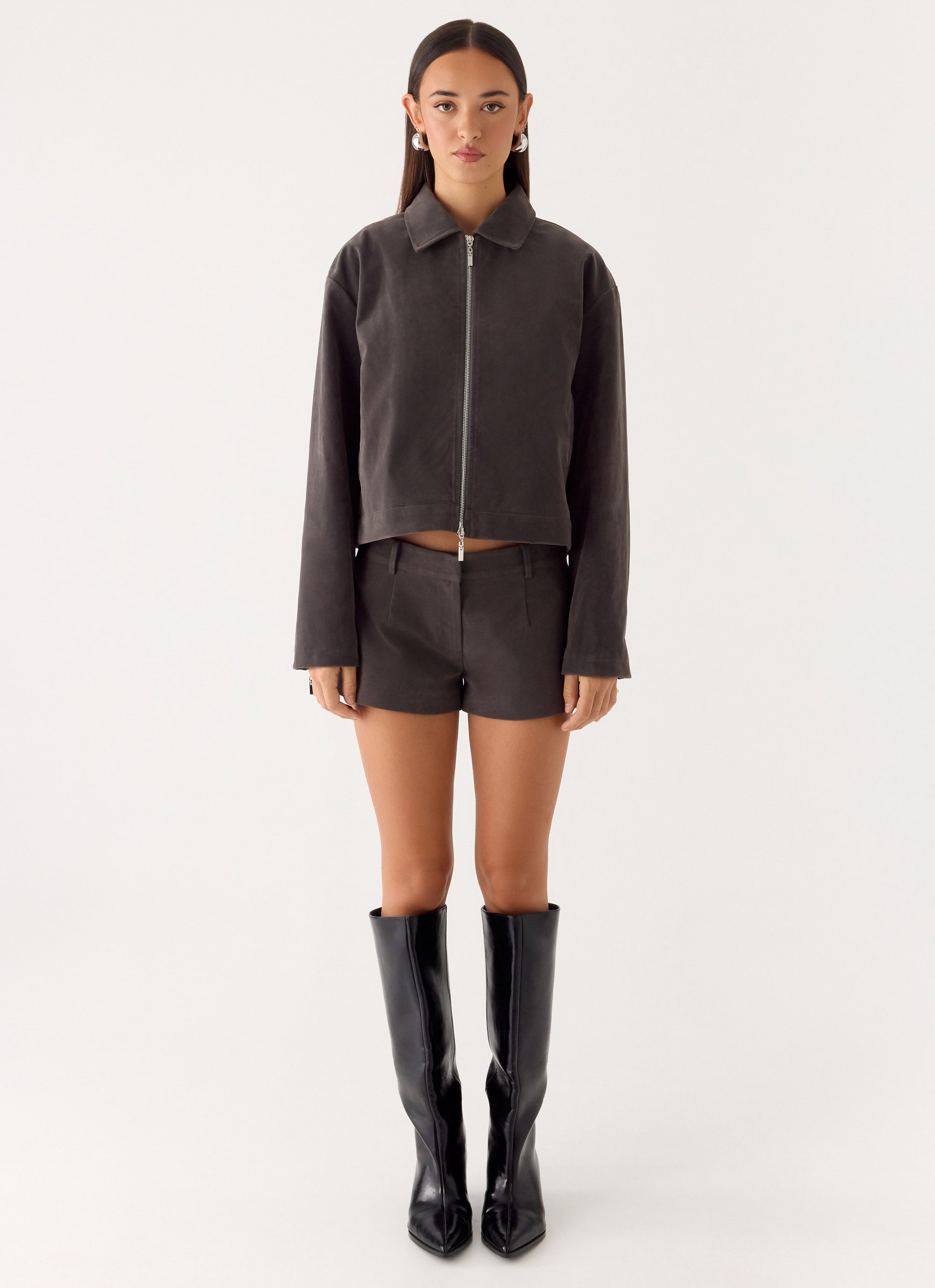 Austina Faux Suede Boxy Jacket - Tan Grey