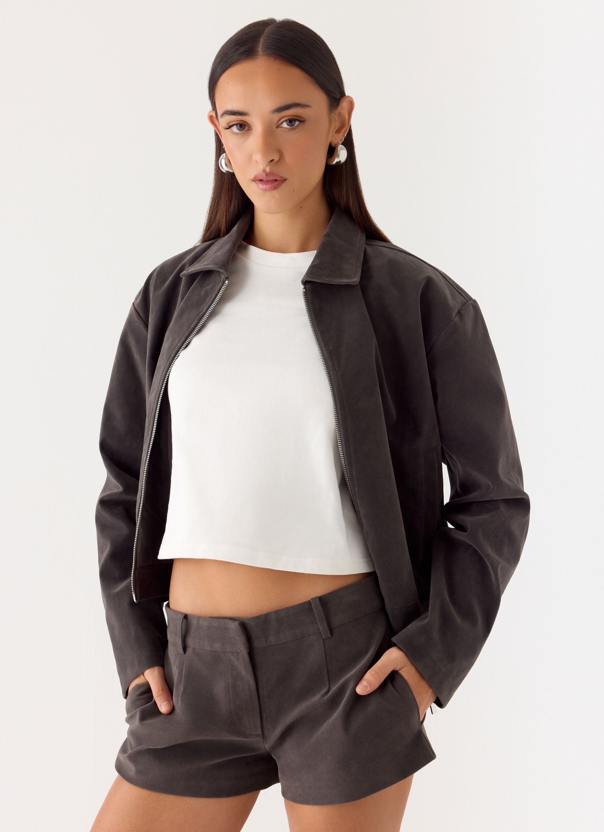 Austina Faux Suede Boxy Jacket - Tan Grey