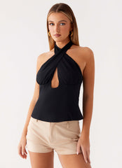 Catch Me Later Linen Halter Top - Black