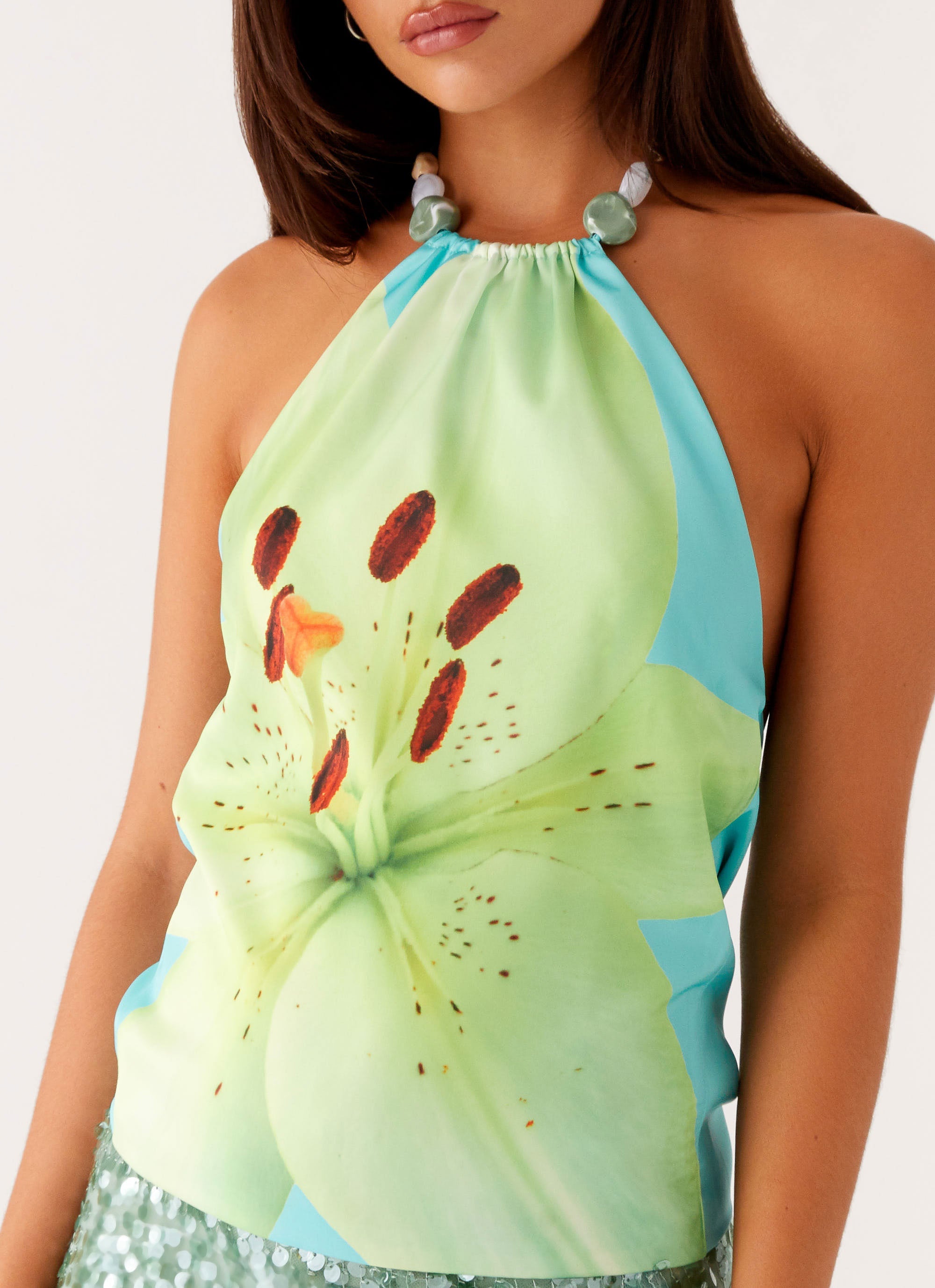 Dalila Beaded Tie Back Top - Turquoise Floral