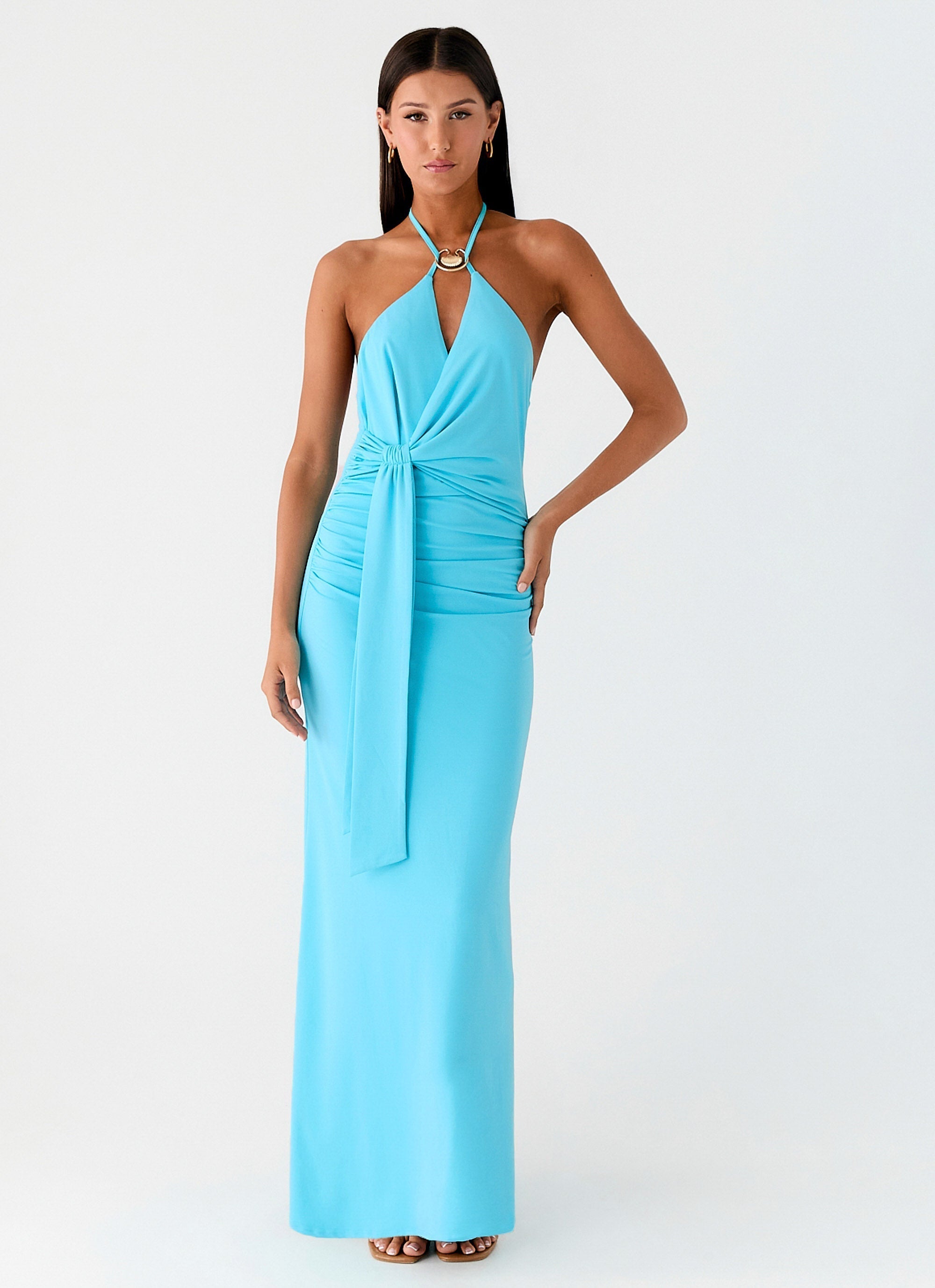 Dare Me Halter Maxi Dress - Aqua Blue