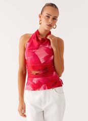 Delany Halter Top - Peach Watermelon Flower