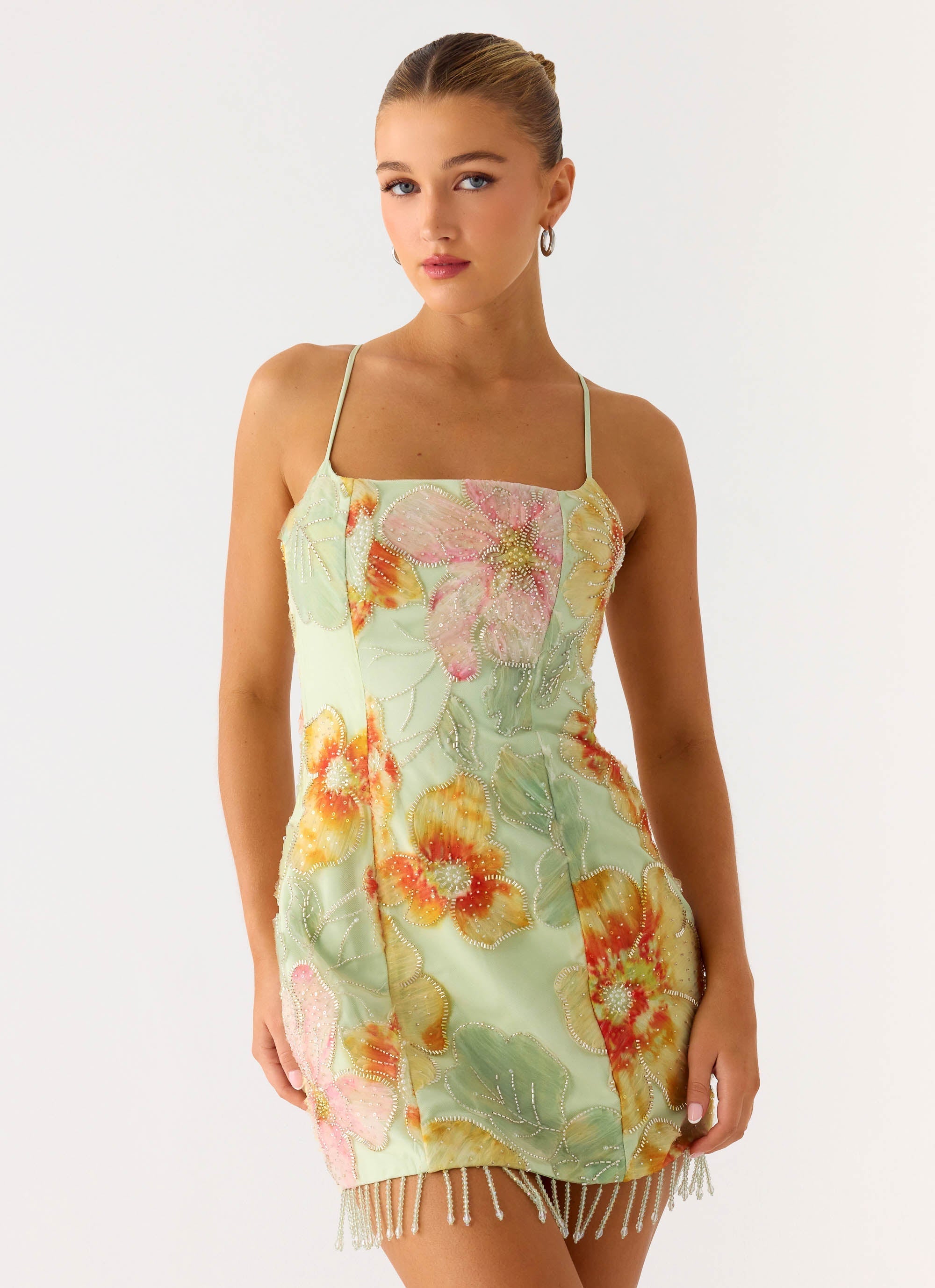 Gatiana Beaded Sequin Mini Dress - Green Floral Beaded