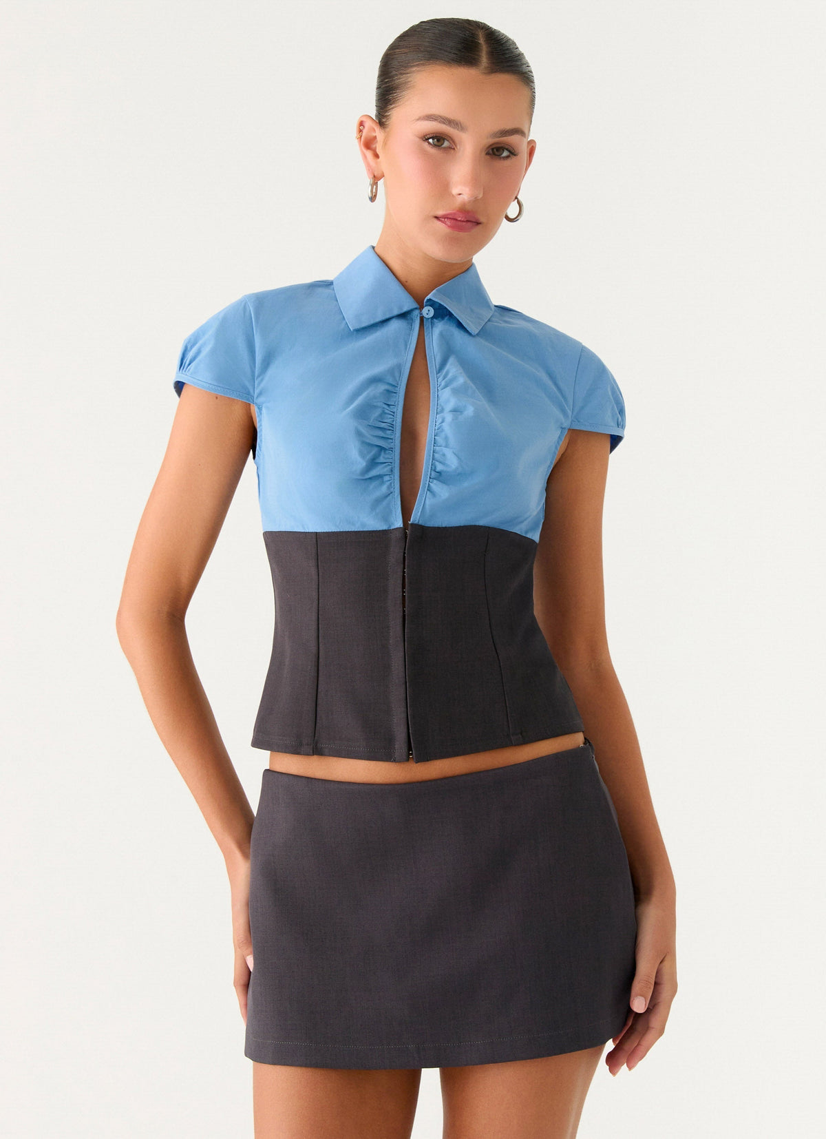 Harlee Poplin Suiting Top - Charcoal
