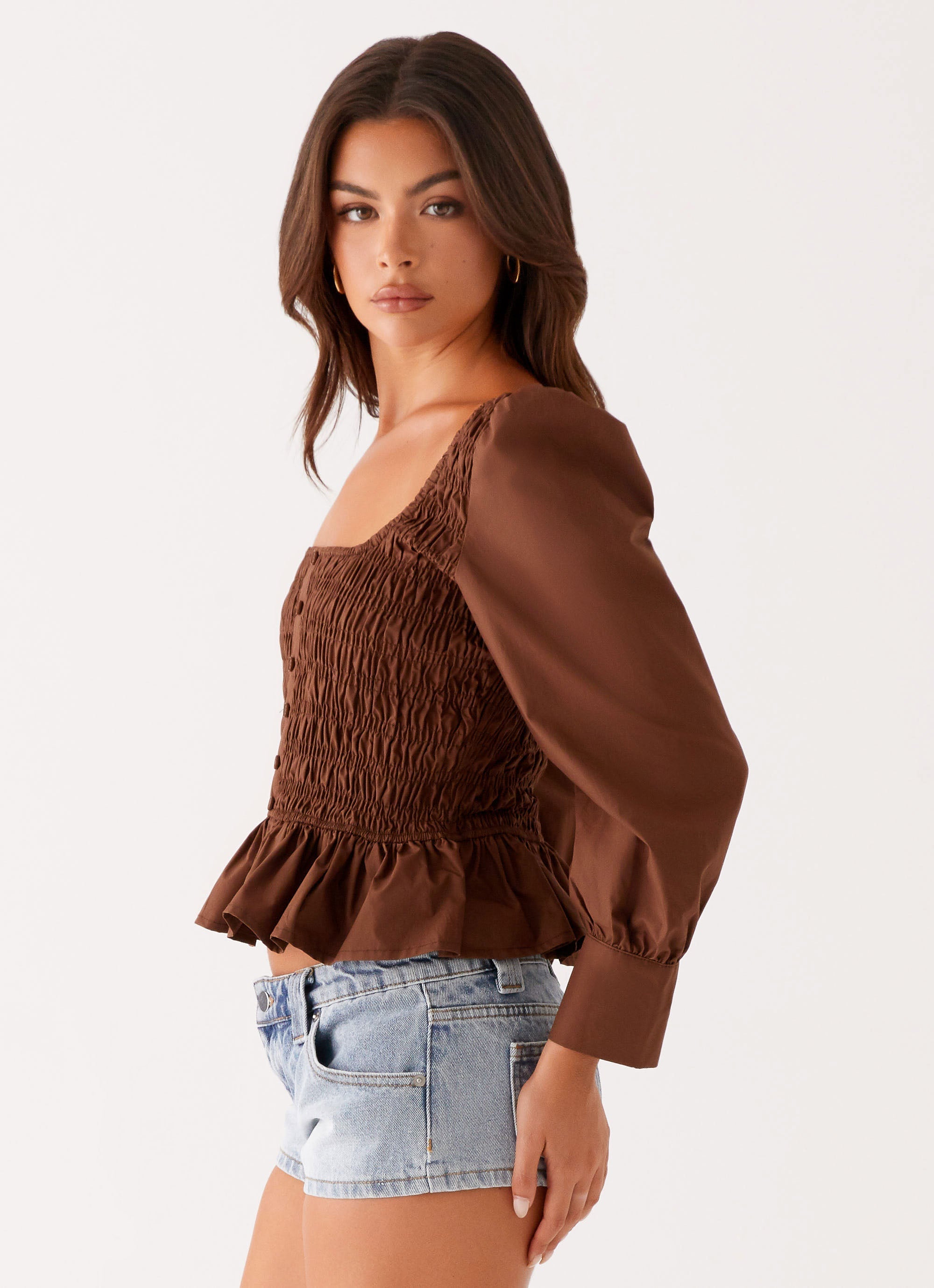 Joyce Long Sleeve Cotton Shirred Top - Chocolate
