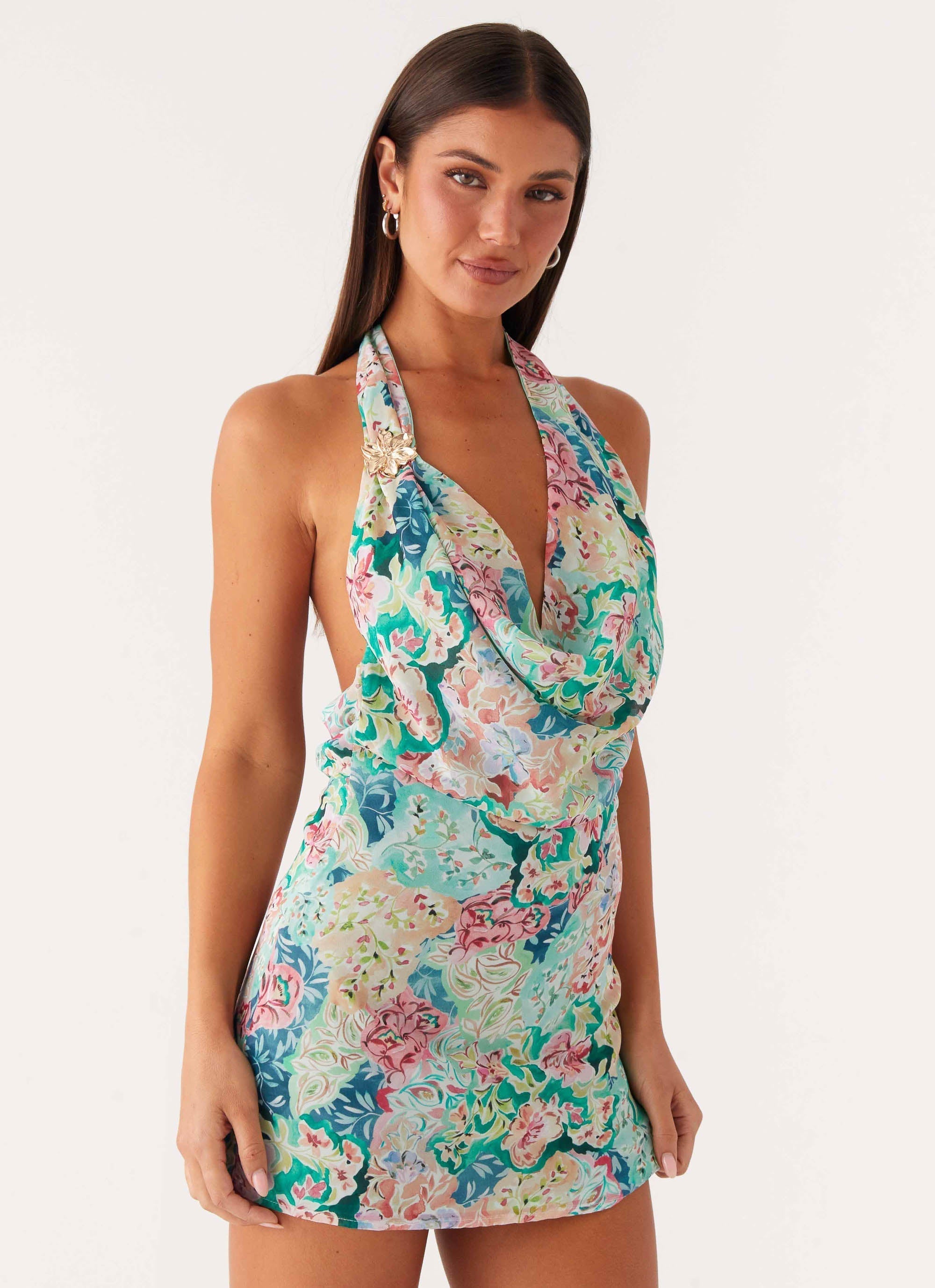 Laid-Back Cowl Mini Dress - Santorini Floral