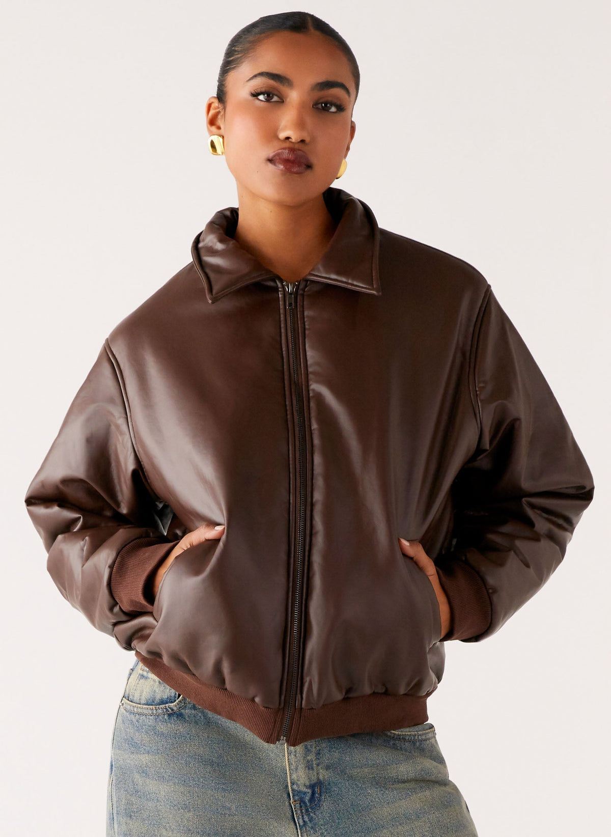 Outlands Faux Leather Bomber Jacket - Chocolate