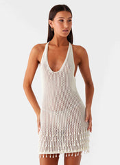 Pearl Shore Beaded Crochet Mini Dress - Ivory