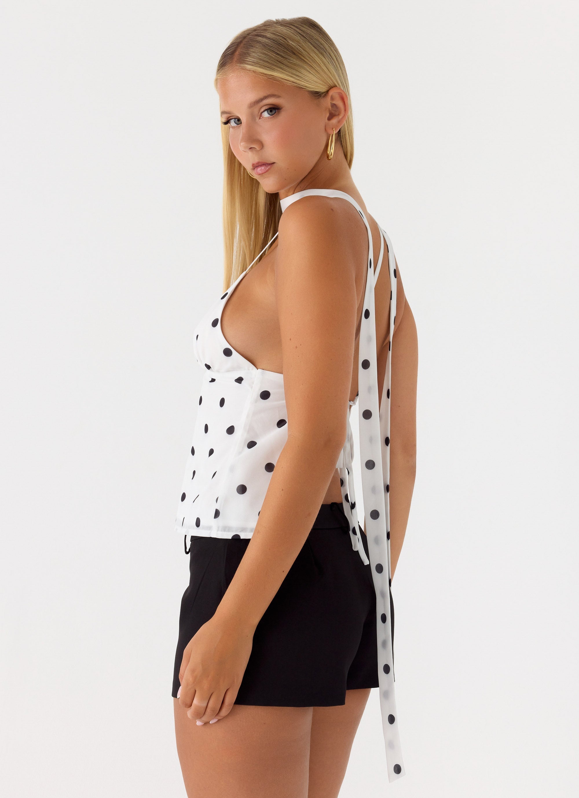 Quiero Backless Top - White Polka Dot