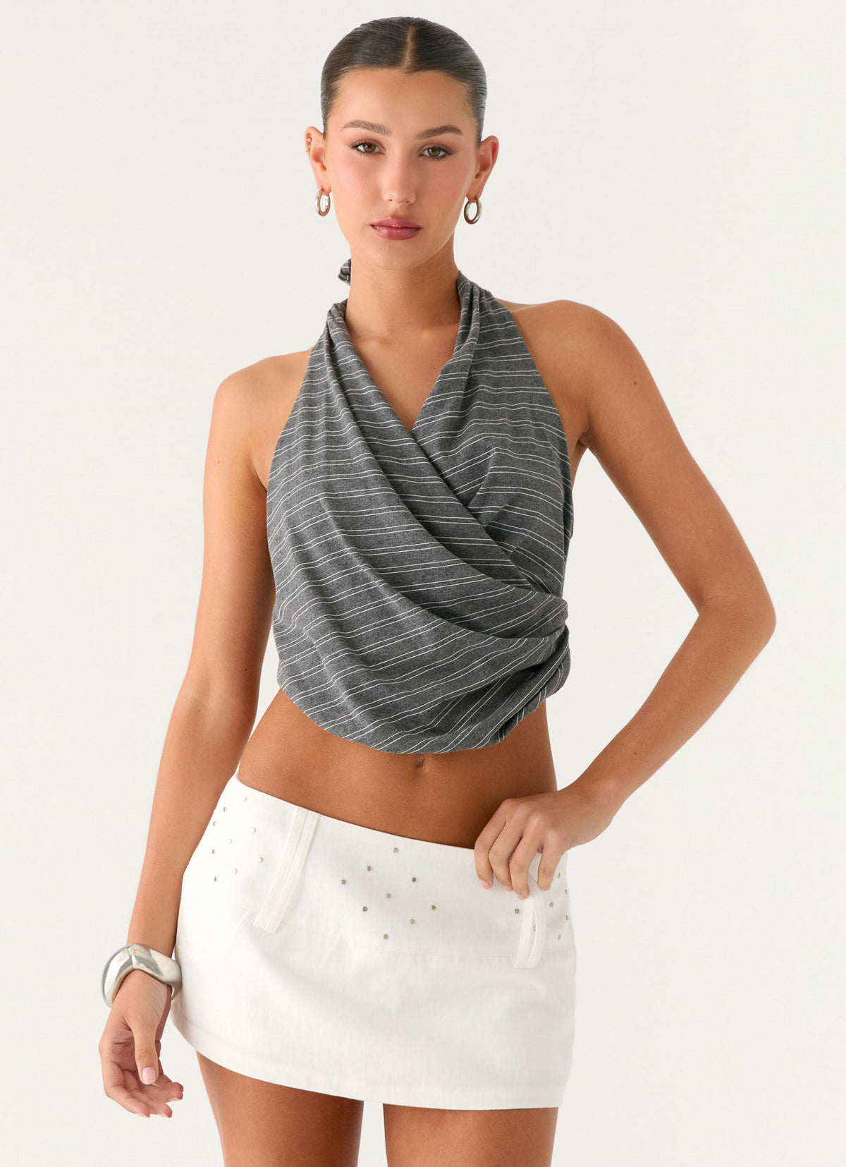Vassy Halter Top - Grey Marle Stripe